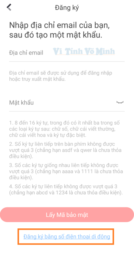 Chọn “Đăng ký bằng số điện thoại di động”
