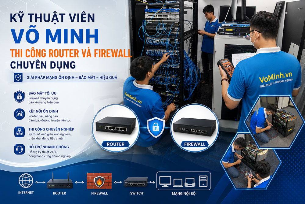 Thiết Bị Router Và Firewall Là Gì? Vai Trò Trong Mạng Văn Phòng 4 Kỹ thuật viên Võ Minh đang lắp đặt và cấu hình hệ thống Router và Firewall chuyên dụng tại dự án của khách hàng.